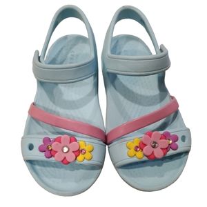 Crocs Girls Toddler 9 Mint Aqua Pink Flowers Charm Sandals